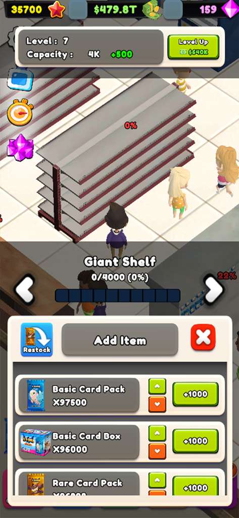 TCG Card Shop Tycoon Simulator - Interface for restocking items on a giant shelf in TCG Card Shop Tycoon Simulator