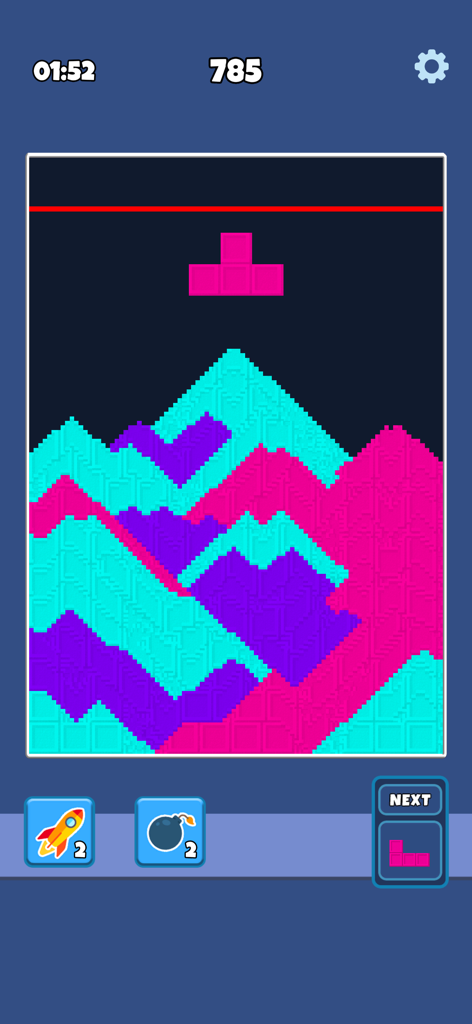 Jugabilidad de Sandy Blocks mostrando bloques cayendo y convirtiéndose en coloridas pilas de arena.