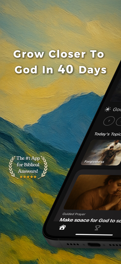 Genesis: Get Closer To God - Schermata dell'app Genesi che mostra un viaggio di 40 giorni per avvicinarsi a Dio con preghiere guidate e argomenti biblici