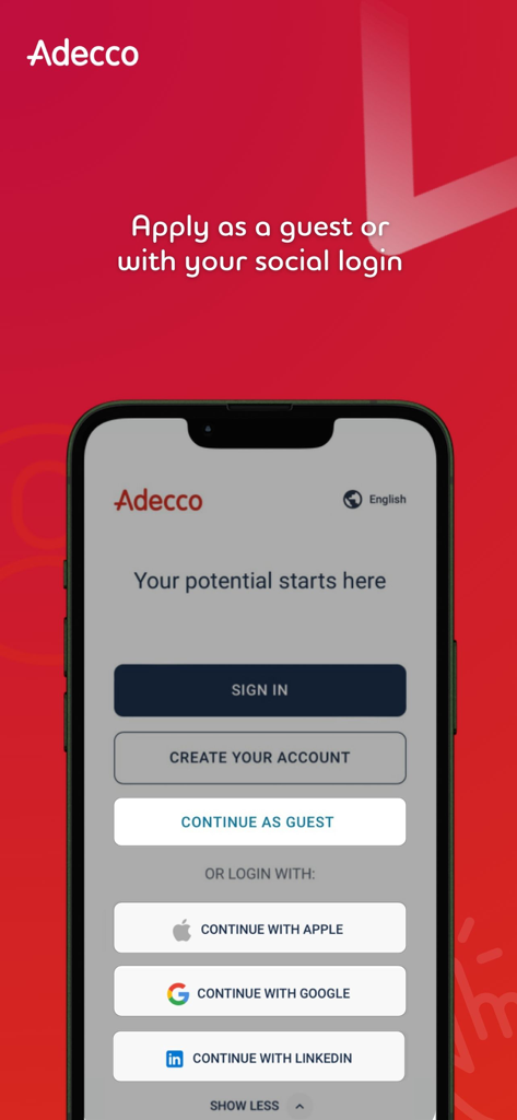 Adecco - Adecco app sign in screen with social login and guest access options