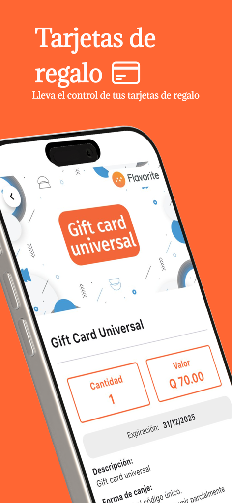 Flavorite - Interface do aplicativo Flavorite mostrando um vale-presente digital universal com saldo e data de validade