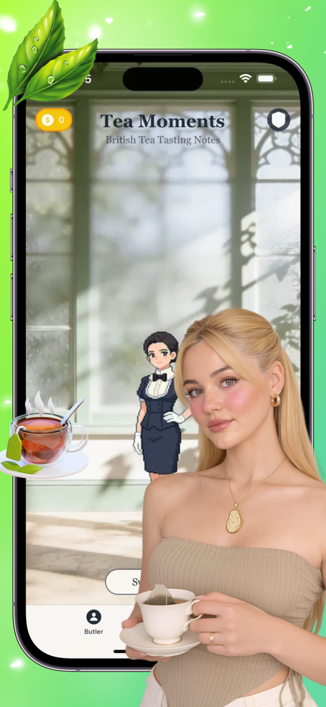 Temon - Elegant interface of the Temon tea tasting app with a butler character and British tea tasting notes.