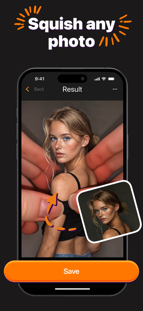 VideoVerse - AI Effects - A smartphone screen showing an AI-generated squish effect on a portrait photo within the VideoVerse app.