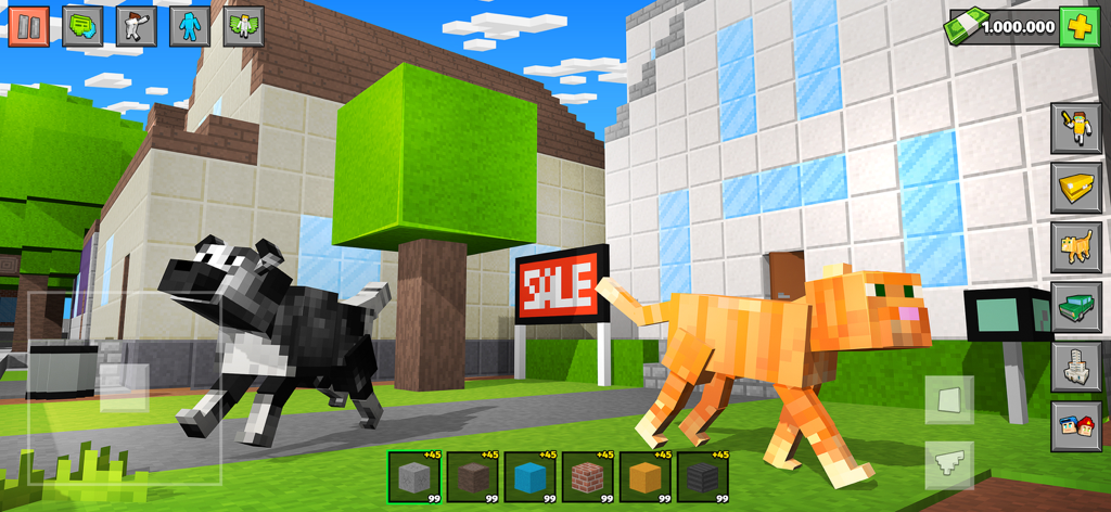 Block City 3D: Simulator Game - ブロック状の家の前にピクセル化された犬と猫を示しているBlock City 3Dのゲームプレイ。