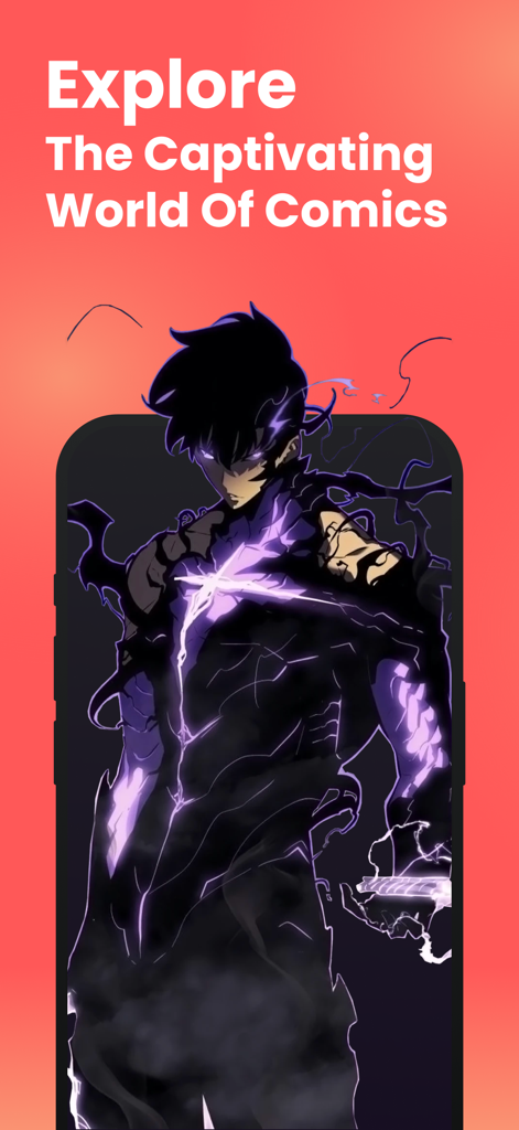 Manga Reader: Daily Update Now - A mobile phone displaying a stylized manhwa character with purple energy under the text Explore The Captivating World Of Comics