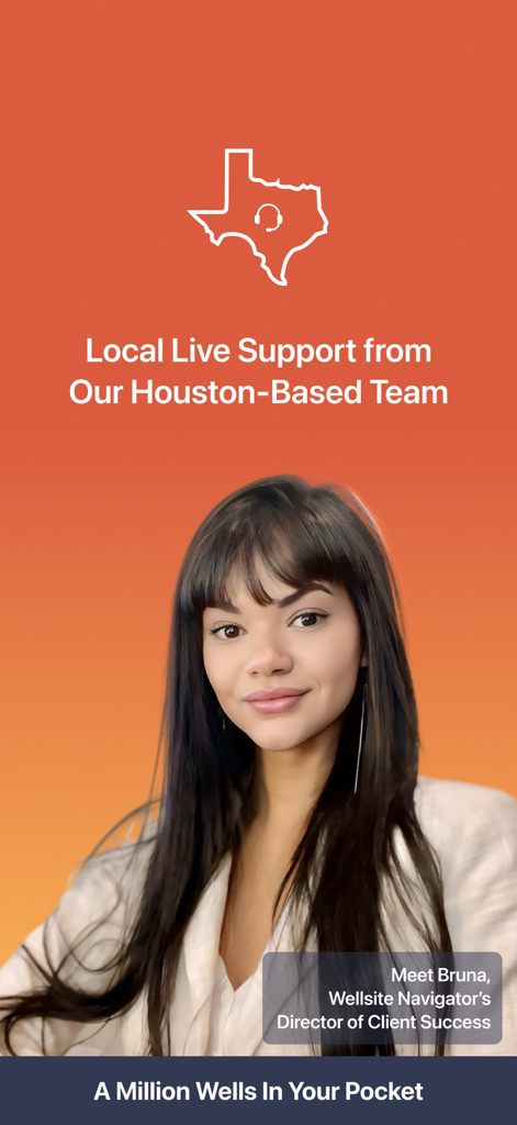Promotional screen for Wellsite Navigator featuring Houston-based live customer support and their Director of Client Success