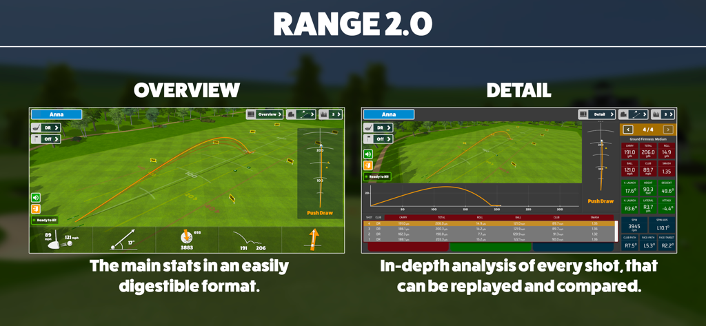 Side-by-side comparison of the overview and detailed data analysis views in Awesome Golf Simulator Range 2.0.