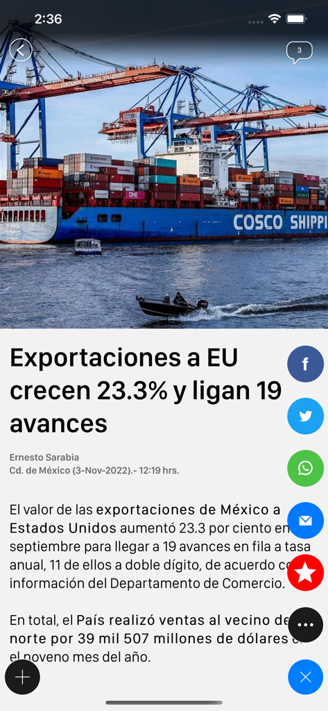 A news article on the REFORMA app about Mexican exports growing 23.3 percent featuring a cargo ship.