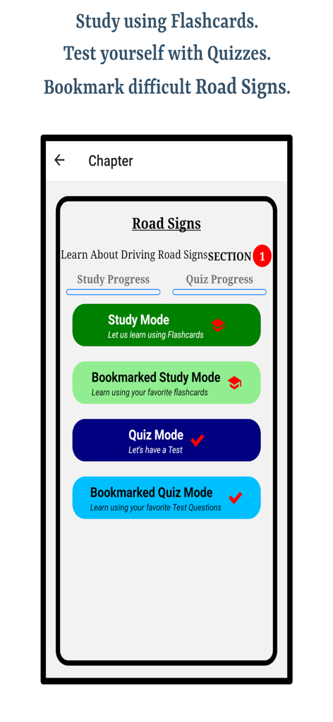 Driving Road Signs - Interface do aplicativo Driving Road Signs mostrando opções de modo de estudo e quiz com indicadores de progresso