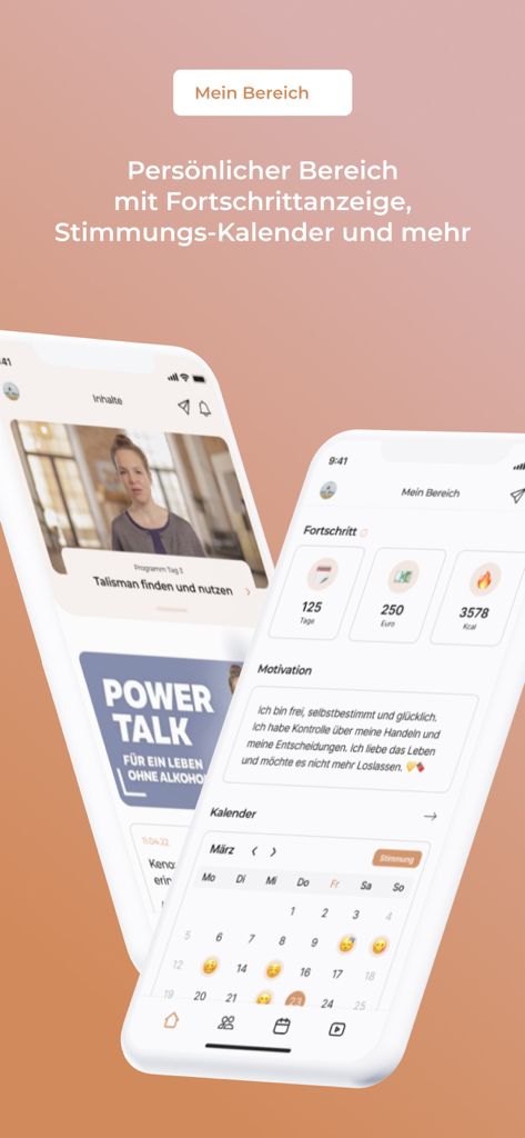 OAMN app dashboard showing sobriety progress, money saved, and a mood calendar