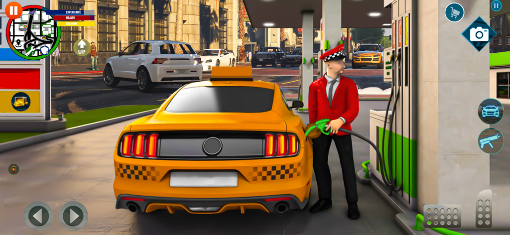 Taxi Sim : Driving Games 2023 - Un personaje repostando un taxi amarillo en una gasolinera en un juego de simulación de conducción 3D.