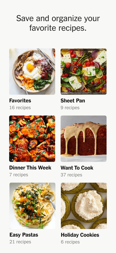 NYT Cooking: Quick Tasty Meals - A digital recipe box in the NYT Cooking app showing organized folders for Favorites, Sheet Pan meals, and Easy Pastas.