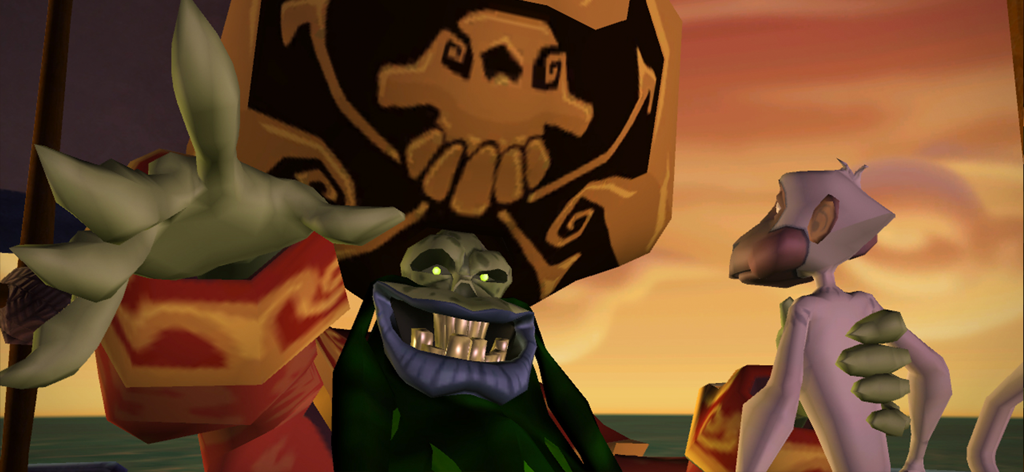 Tales of Monkey Island Ep 1 - LeChuck, el pirata esquelético con ojos verde brillantes, junto a un mono