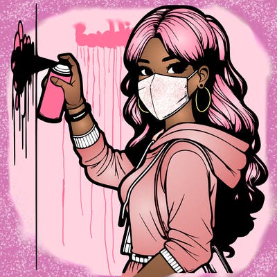 realistic girl with mask spray painting a wall