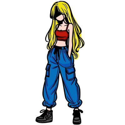 girl in baggy pants crop top and long hair