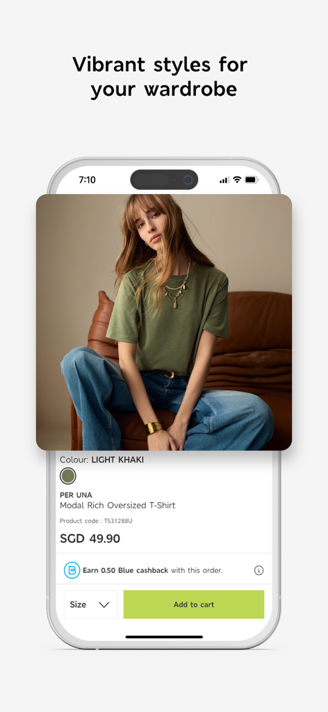 M&S ASIA – Fashion & Food - The M&S Asia app product page displaying a Per Una oversized t-shirt in light khaki with price and add to cart button.