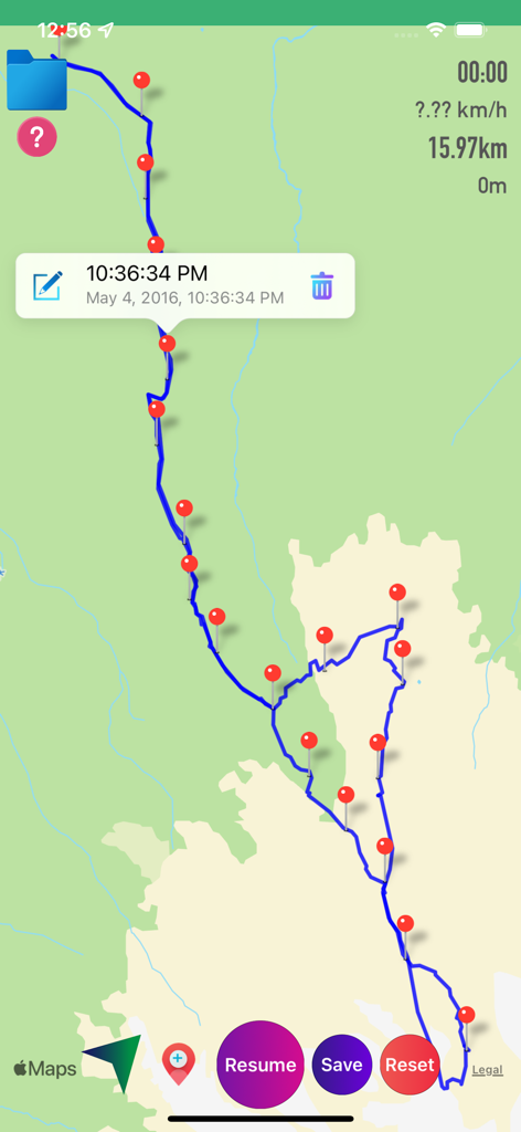 GPX Viewer app map displaying a tracked route with markers and statistics.
