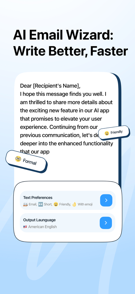 Un écran de smartphone montrant la fonction d'assistant d'e-mail du Clavier IA Friday avec des options pour les tons formels et amicaux.