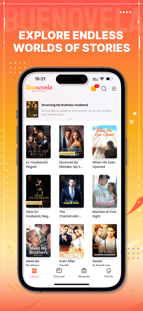 BueNovela - leer novela libro - 人気のロマンスウェブ小説のライブラリを表示するBueNovelaアプリのインターフェース