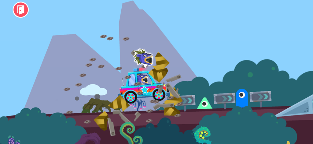 Car Racing Go Games for kids - 子供向けゲームで、紫色のモンスターがカラフルな青いレースカーを運転し、ブロックの障害物を破壊しています。