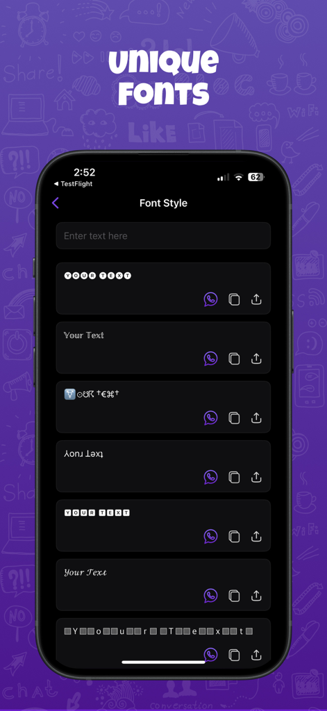 Dual Chat : Web Scan - Interfaz de la aplicación Dual Chat mostrando una lista de estilos de fuente únicos para la personalización de texto en redes sociales.