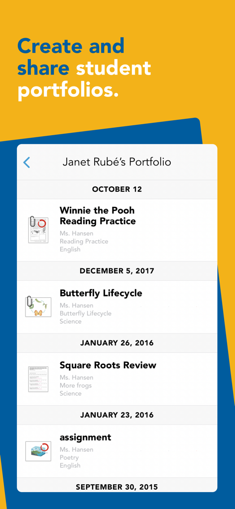 Showbie - Showbie 앱의 디지털 학생 포트폴리오로, 학업 과제 타임라인을 보여줍니다.