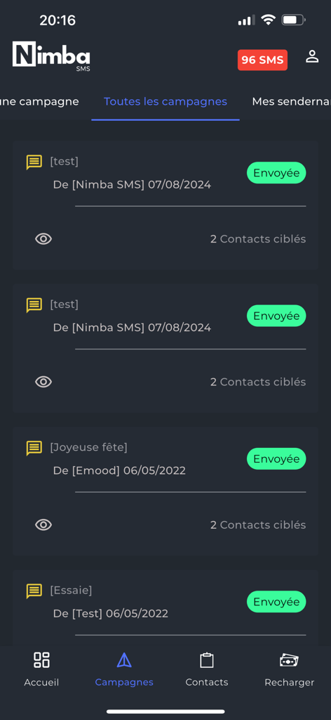 Nimba SMS - List of sent SMS campaigns in the Nimba SMS app showing status and dates