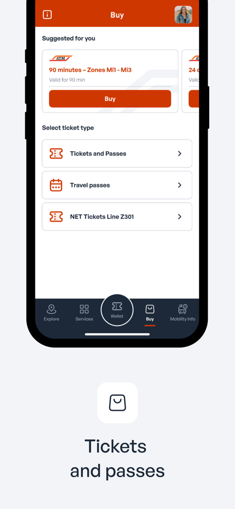 ATM Milano Official App - Interfaz de la app ATM Milano que muestra las opciones de compra de billetes y abonos