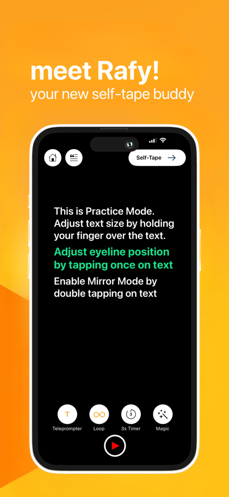 Rafy app practice mode interface showing options for teleprompter, loop, timer, and instructions for adjusting text size and eyeline position.