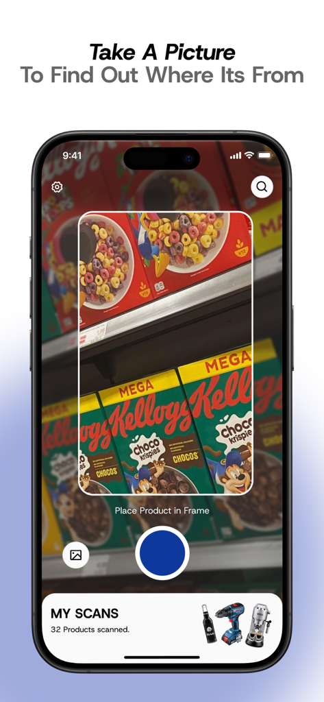 BrandSnap - Go European - BrandSnap app interface for scanning products to find brand origins.