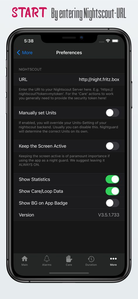 nightguard - Nightguard app preferences screen showing Nightscout URL configuration and display settings for blood glucose monitoring