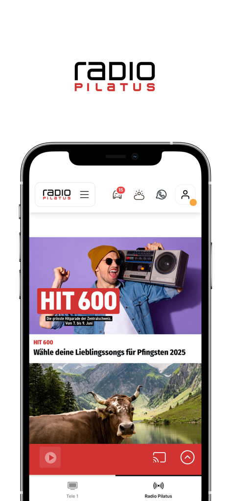 Radio Pilatus - Radio Pilatus app home screen featuring the Hit 600 music countdown and a Swiss mountain landscape