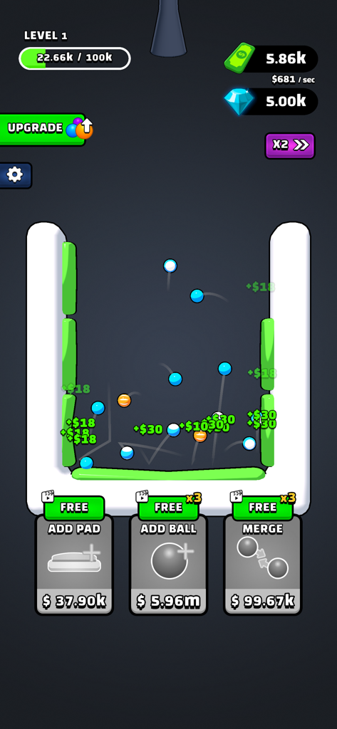 Pantalla de juego de Balls Bounce mostrando bolas fusionándose y rebotando en almohadillas verdes
