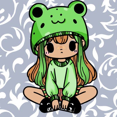 a girl wearing a frog hat and some frog socks