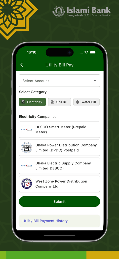 IBBL iSmart mobile app utility bill payment screen showing options for electricity gas and water bills in Bangladesh