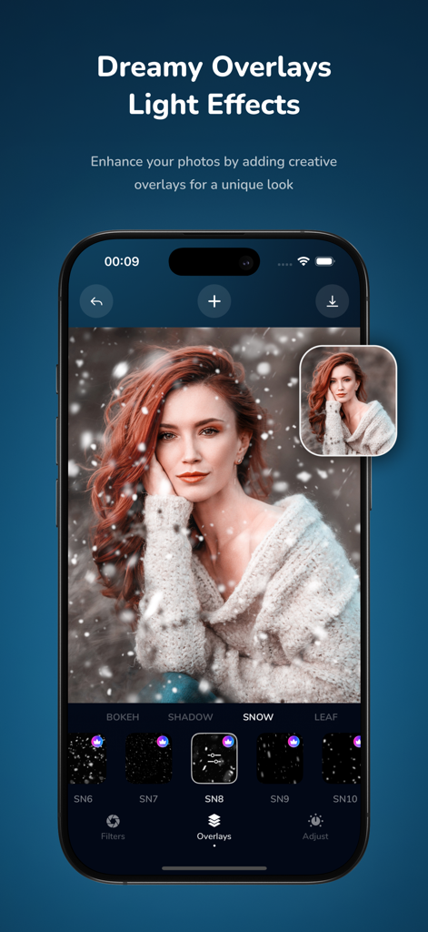 Moody Photo Edit Preset Filter - Moodshot app demonstrating a dreamy snow overlay effect on a portrait photo.