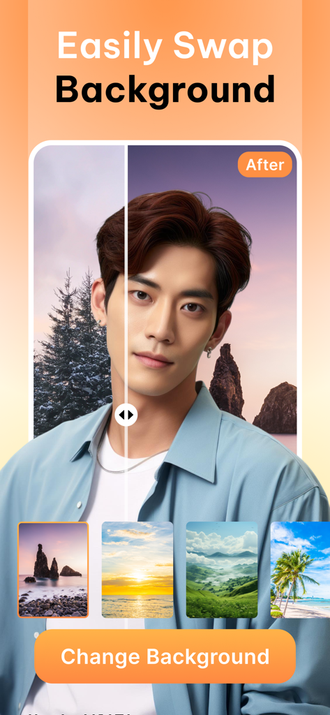 Auralis: AI Photo Studio - Interface of Auralis AI Photo Studio showing a person swapping a photo background for a scenic landscape using AI.