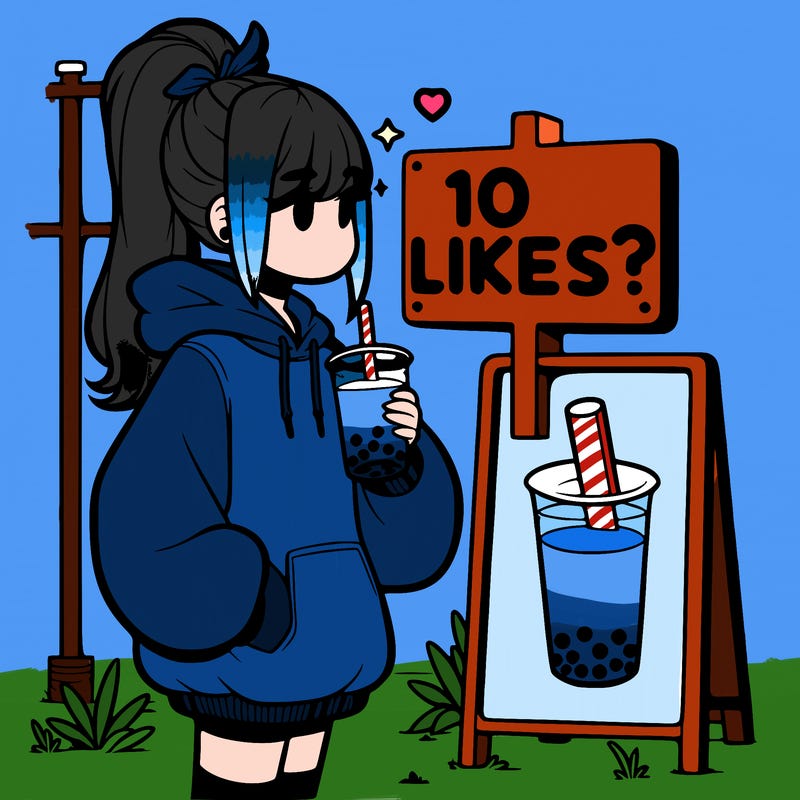 girl with oversized hoodie drinking boba and she has a high ponytail with a sign that says 10likes?