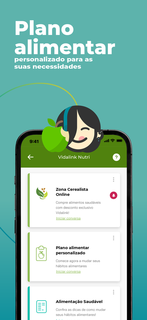 Vidalink - Vidalink Nutriアプリの画面。パーソナライズされた食事プランと健康的な食品オプションが表示されています。
