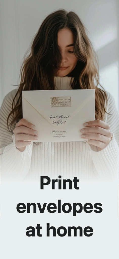 Envelope Printer Labels - Uma mulher segurando um envelope branco lindamente impresso com caligrafia personalizada para um convite de casamento