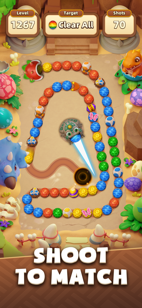 Marble Legend - Marble Legend gameplay screen showing a frog shooting colorful marbles to match them in a dinosaur themed level