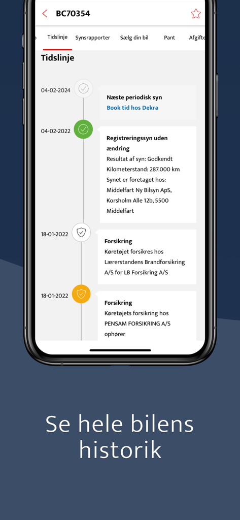 TjekBil - tjek nummerplade - A mobile screen showing the vehicle history timeline in the TjekBil app with inspection and insurance records