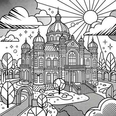 Experience the grandeur of a summer palace reimagined through the dynamic lens of Pop Art. This unique coloring page blends historical elegance with modern artistic flair, offering a captivating challenge for all ages.