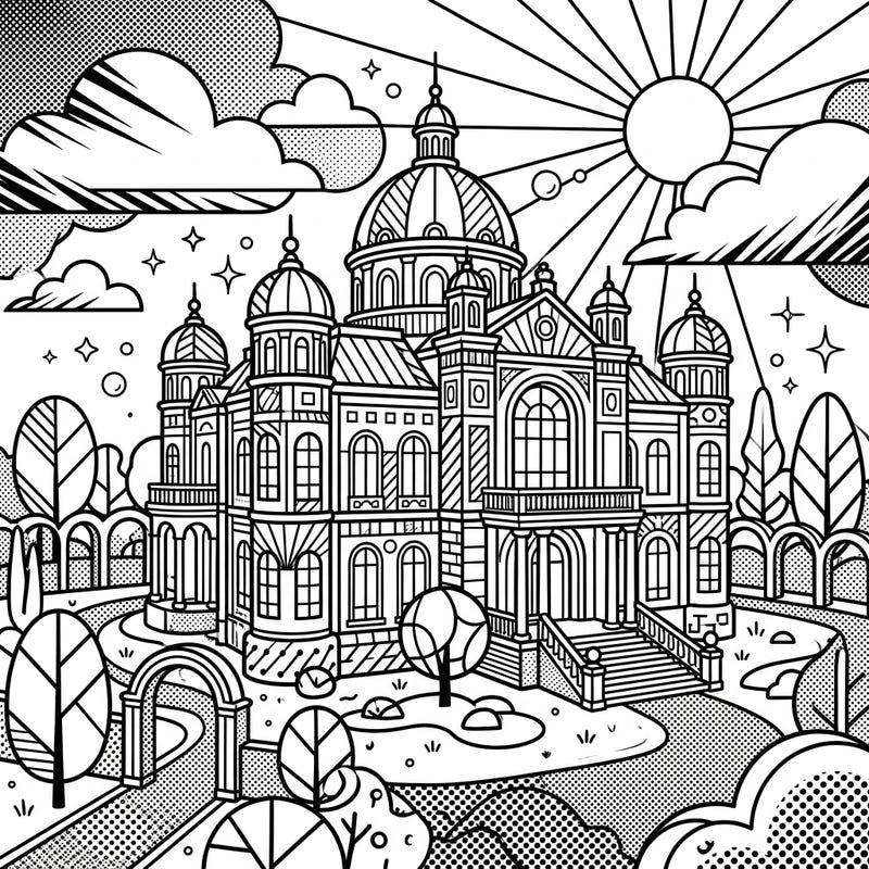 Experience the grandeur of a summer palace reimagined through the dynamic lens of Pop Art. This unique coloring page blends historical elegance with modern artistic flair, offering a captivating challenge for all ages.