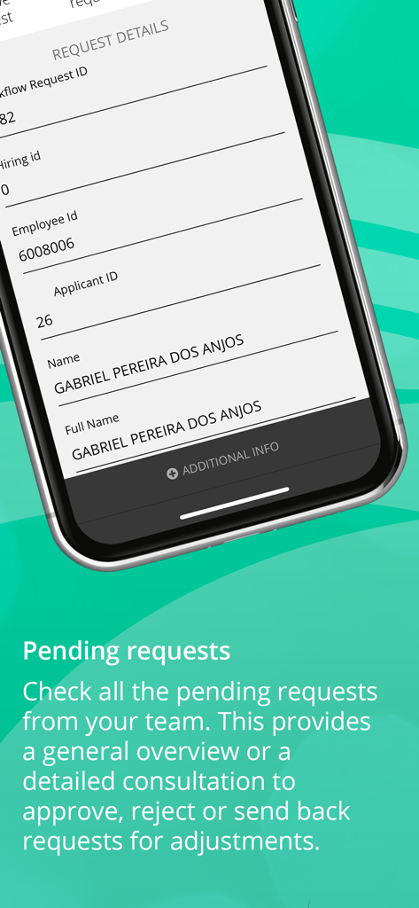 Apdata Mobile - 従業員管理のための詳細なHRワークフローリクエスト情報を示すApdata Mobileアプリのスマートフォンのインターフェース