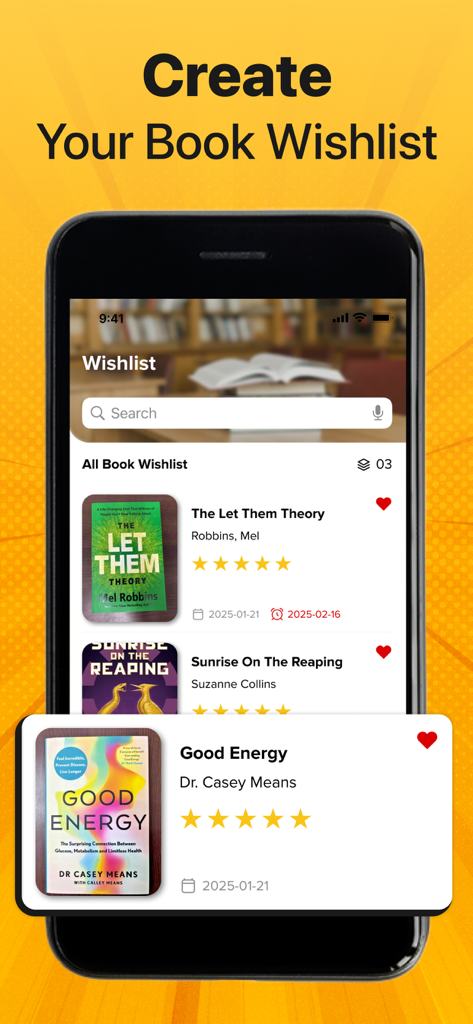Mobile app screen showing the book wishlist feature with listed titles such as Good Energy and ratings