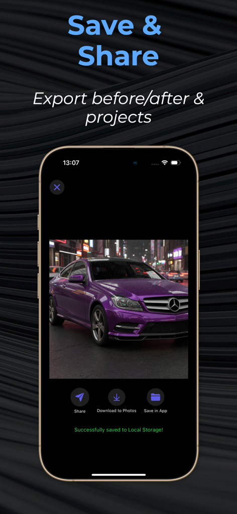 Car Mod & Tuning AI - Paul - Pantalla de la aplicación que muestra las opciones de guardar y compartir para un Mercedes modificado con IA en color púrpura