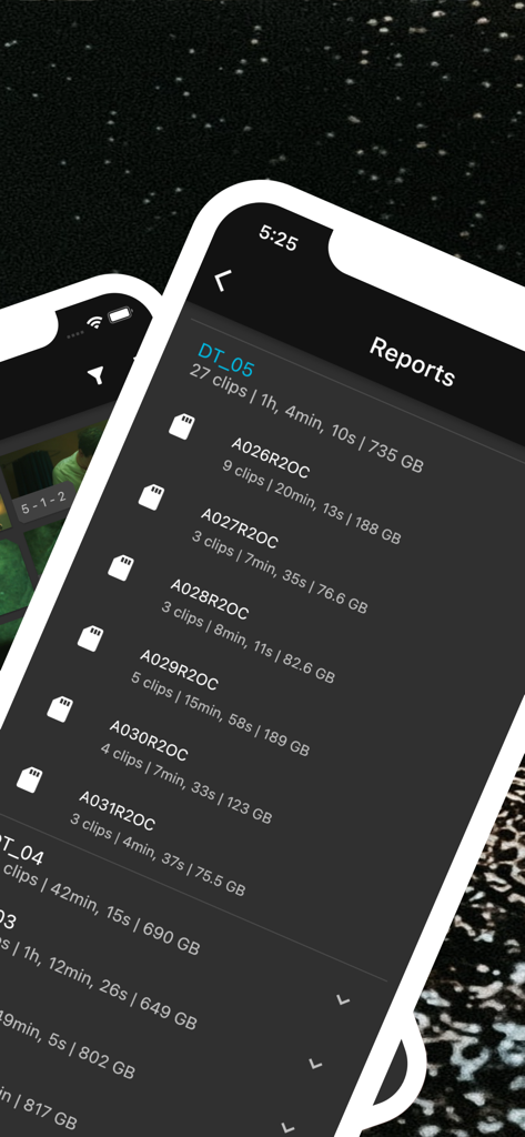 o/DAILIES - o/DAILIES app production reports interface displaying footage metadata including clip counts duration and storage size