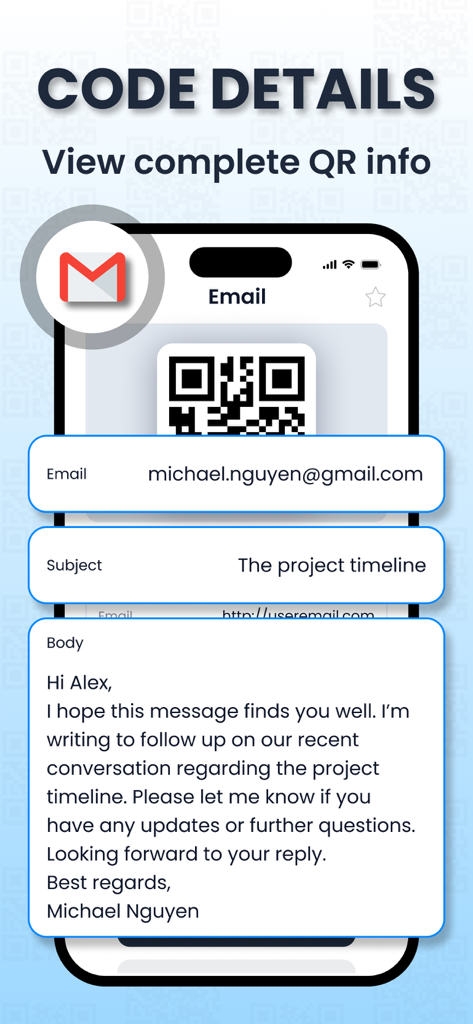 Écran de smartphone affichant les détails d'un e-mail extrait d'un code QR scanné