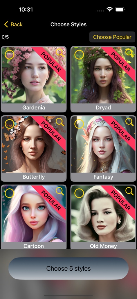 Interface de l'application Aisma montrant des styles d'avatars IA populaires comme Gardenia Dryad Butterfly et Fantasy.